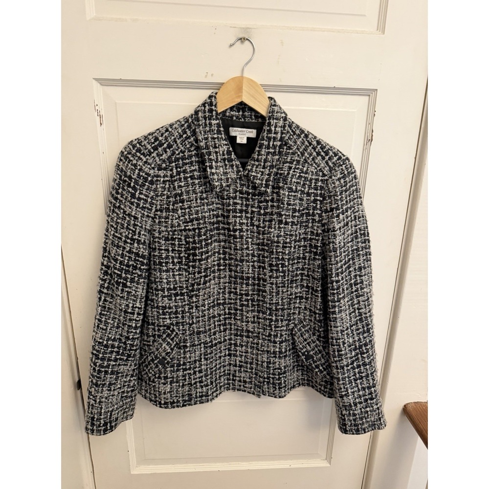 Coldwater Creek Women's Gray Tweed Full Zip Classic Jacket Lined Pockets Size 14